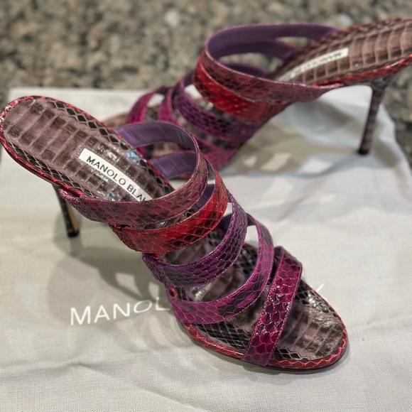 Manolo Blahnik Multi-Strap Snakeskin Mules - Pink & Purple Ombré (36.5) - Picture 7 of 8